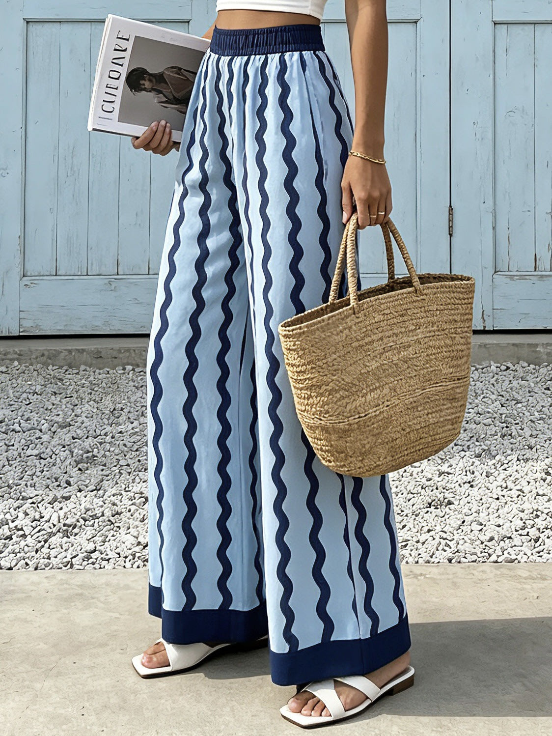 Zigzag Knit High Waist Palazzo Pants - Blue - 1