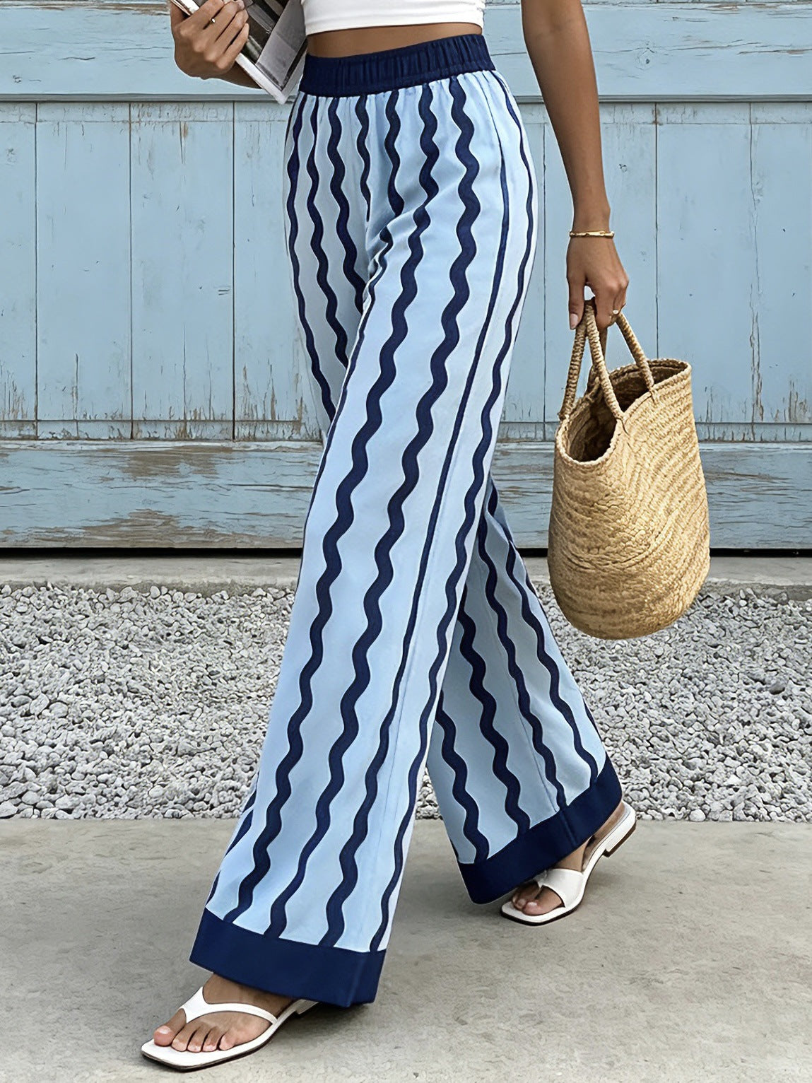 Zigzag Knit High Waist Palazzo Pants - Blue - 2