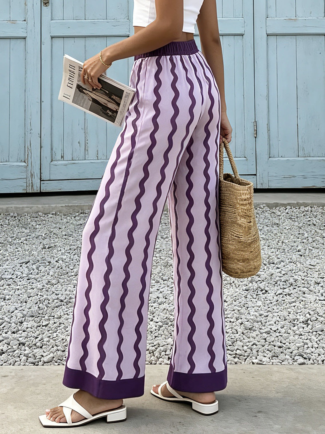 Zigzag Knit High Waist Palazzo Pants - Purple - 1