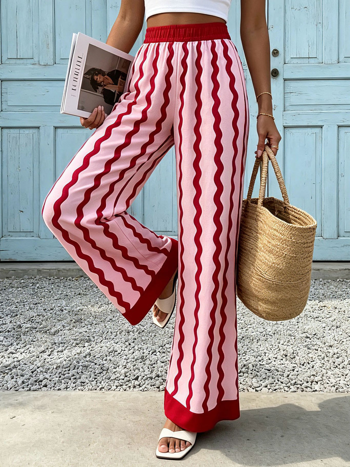 Zigzag Knit High Waist Palazzo Pants - Red - 1