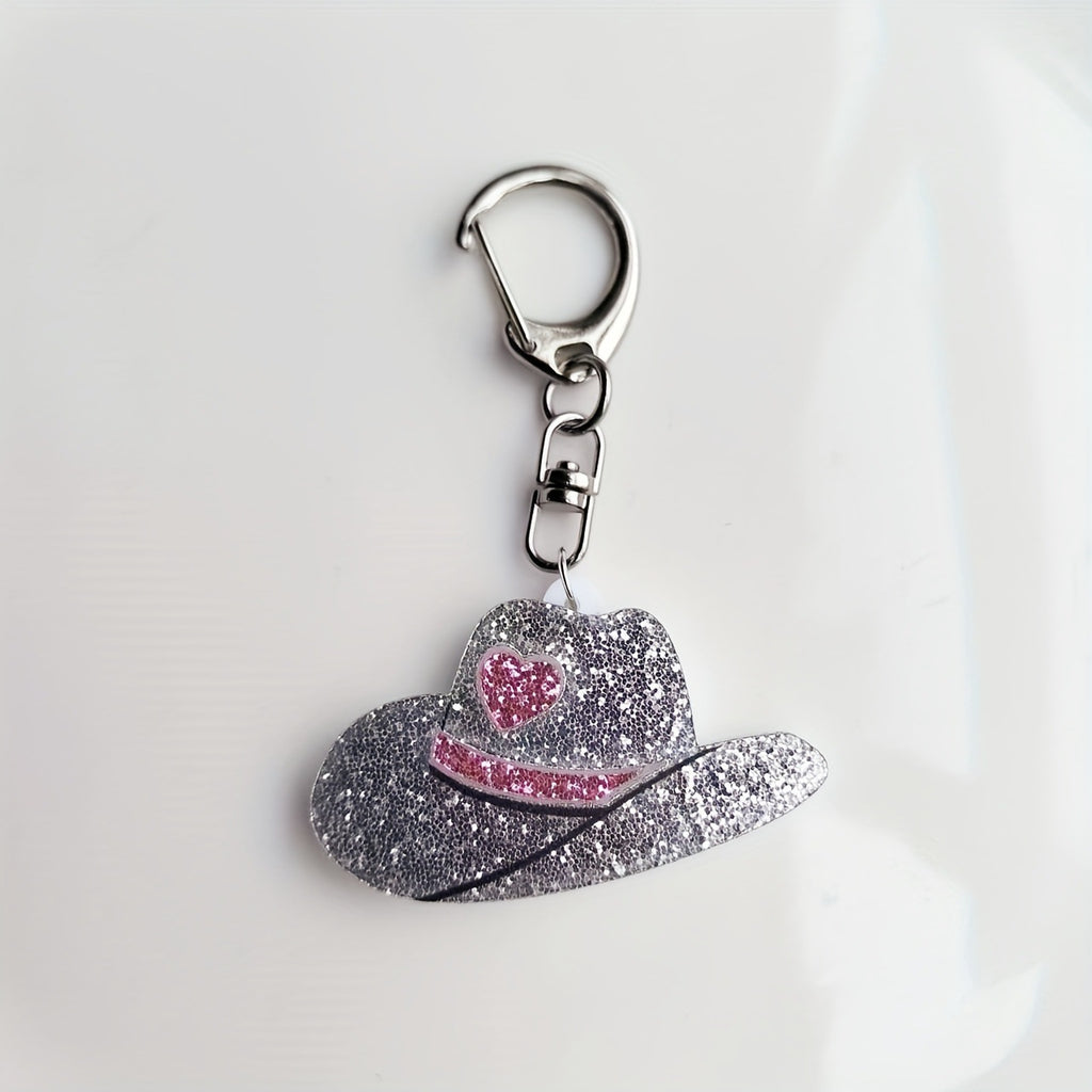 Glitter Cowboy Hat Keychain Charm - Silvery