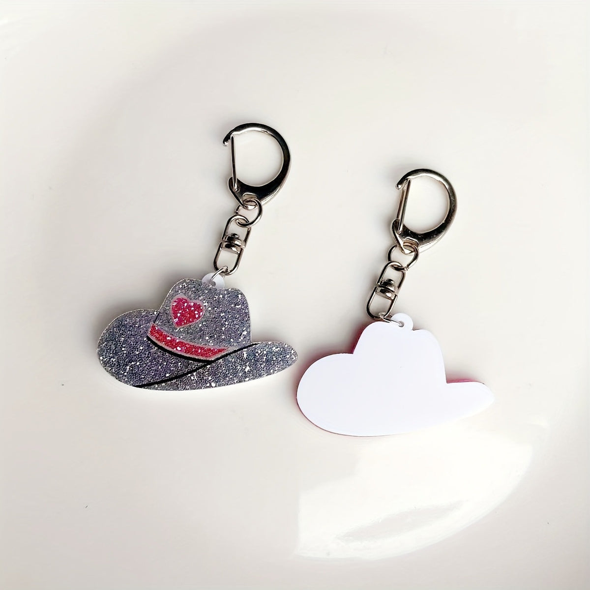 Glitter Cowboy Hat Keychain Charm - Silvery - 1