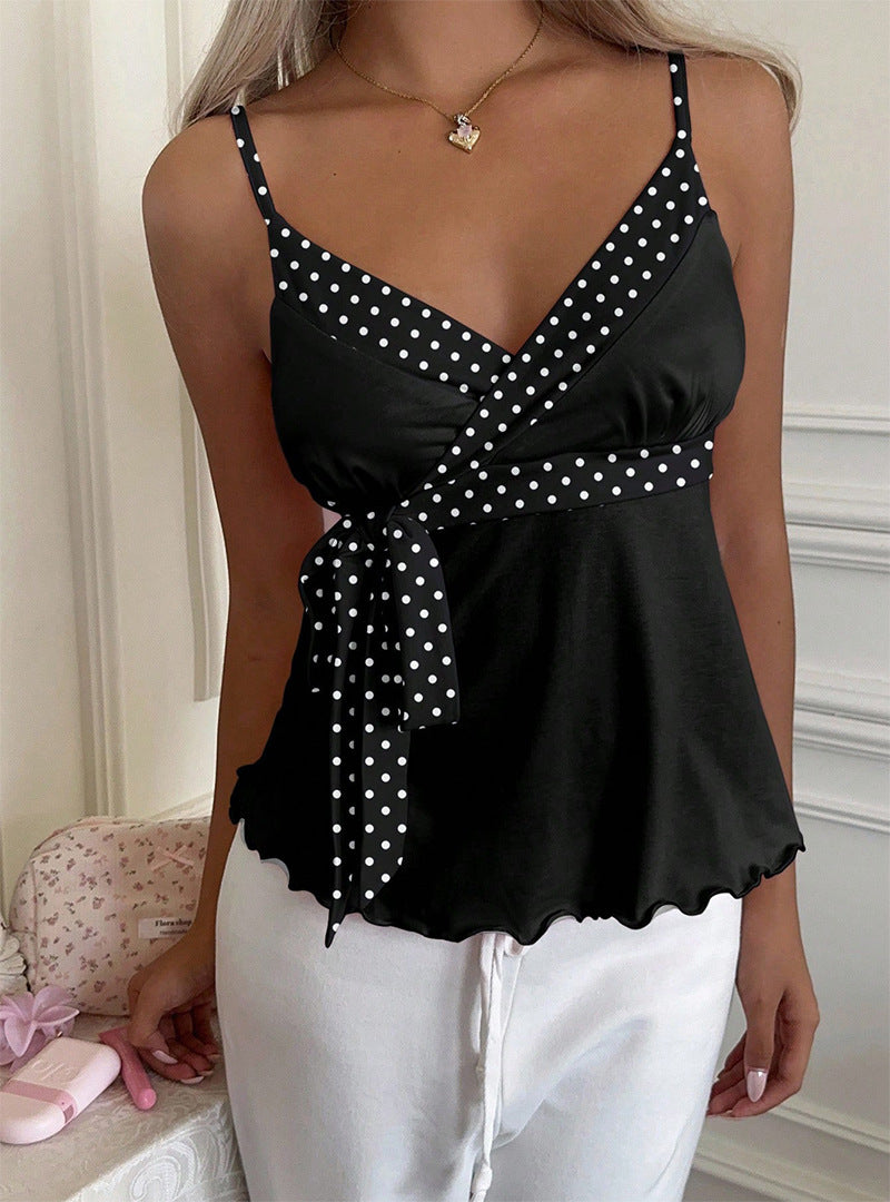 Scalloped Hem Wrap Front Cami Tank Top - Dots_B