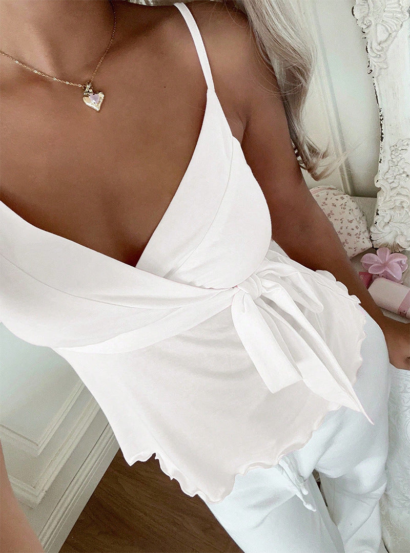 Scalloped Hem Wrap Front Cami Tank Top - White