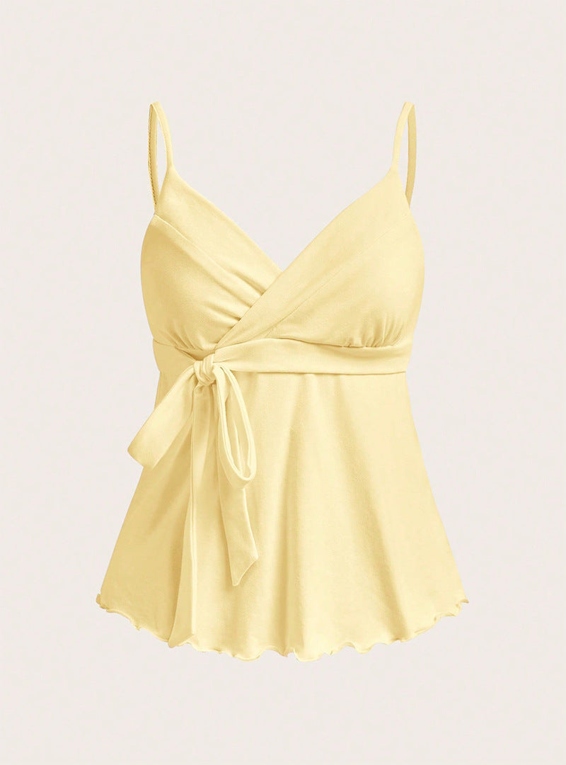 Scalloped Hem Wrap Front Cami Tank Top - Yellow - 1