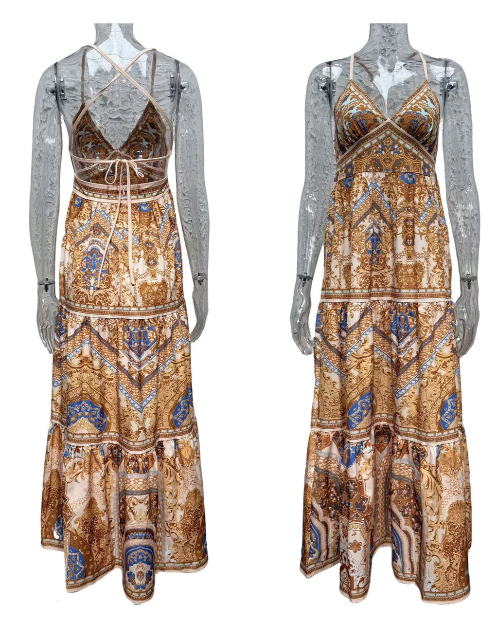 Spaghetti Strap Boho Tiered Maxi Dress - Printed - 2