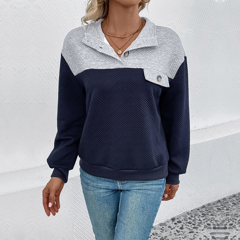 Quilted Colorblock Sweatshirt With Button Collar - Darkblue