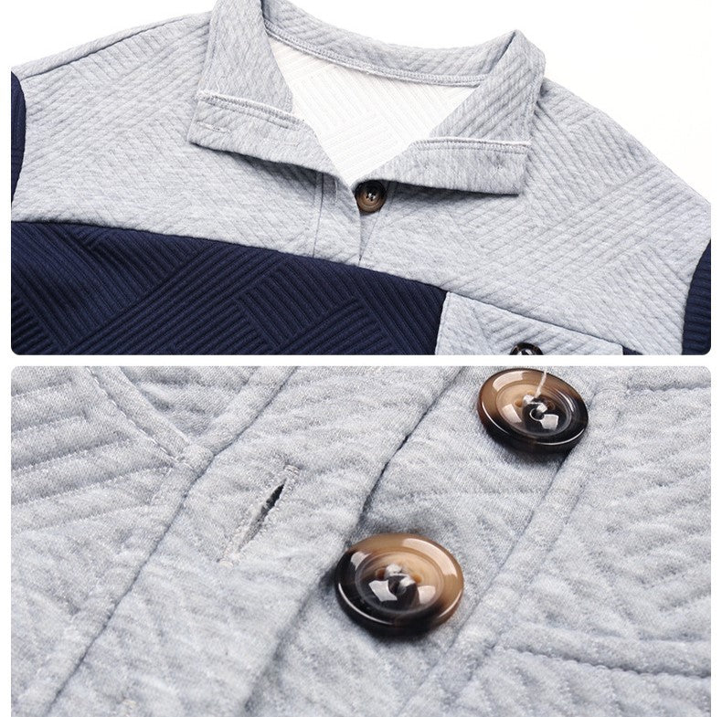Quilted Colorblock Sweatshirt With Button Collar - Darkblue - 1