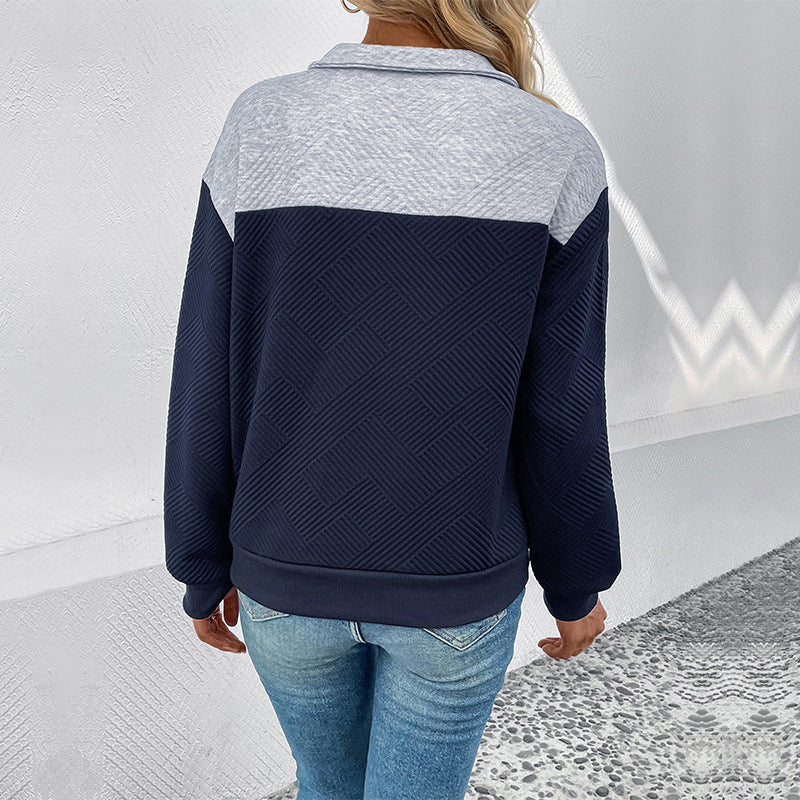 Quilted Colorblock Sweatshirt With Button Collar - Darkblue - 3