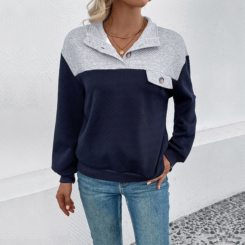 Quilted Colorblock Sweatshirt With Button Collar - Darkblue - 4