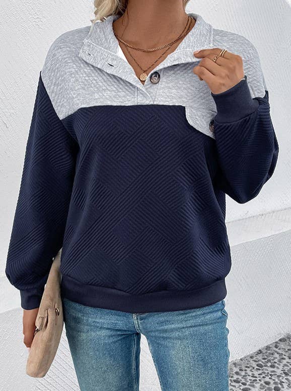 Quilted Colorblock Sweatshirt With Button Collar