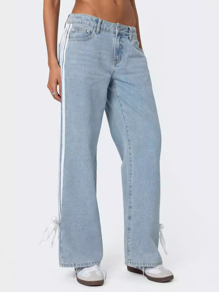 Side Stripe Low Rise Wide Leg Jeans - Blue