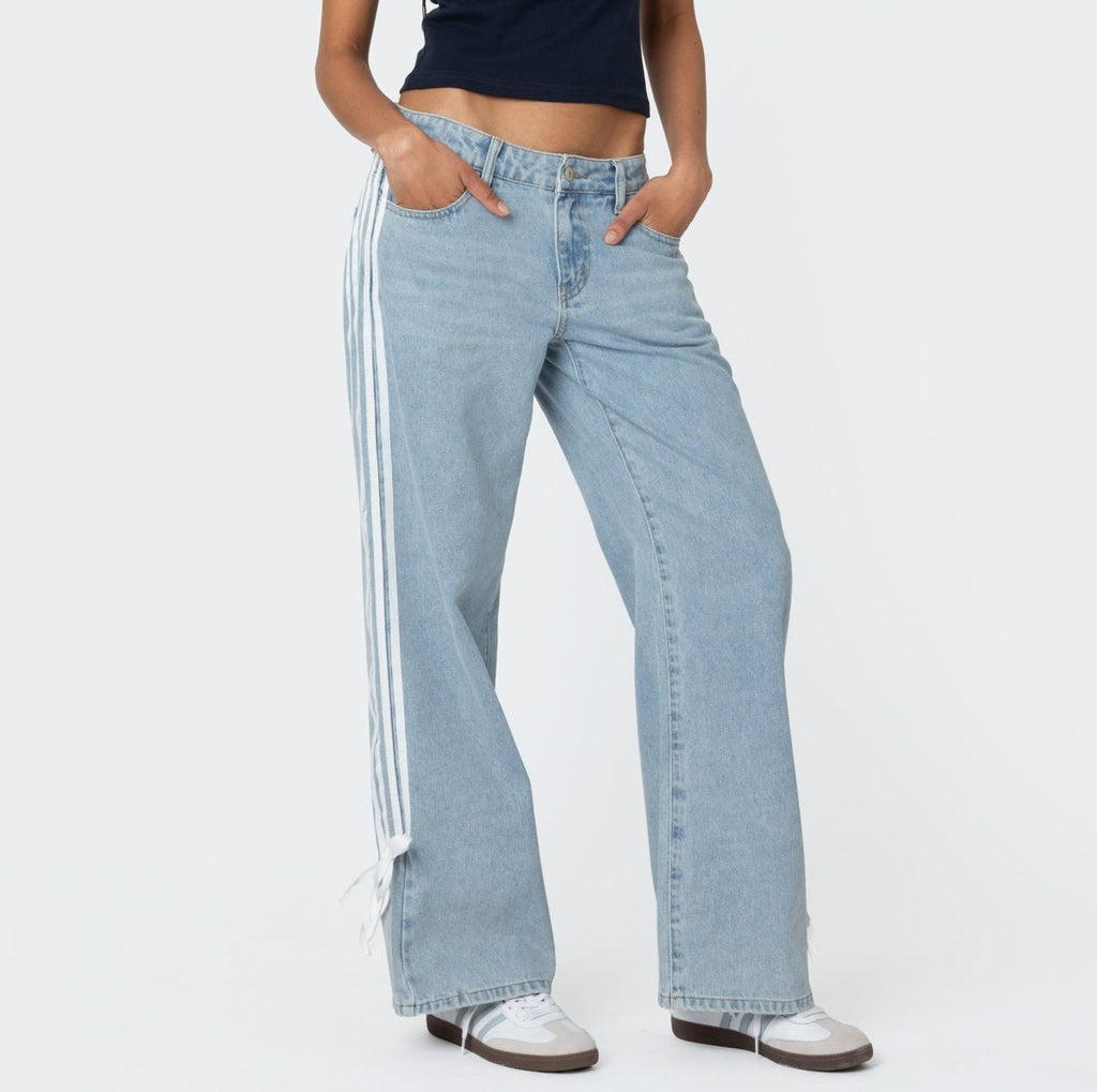 Side Stripe Low Rise Wide Leg Jeans - Blue - 1