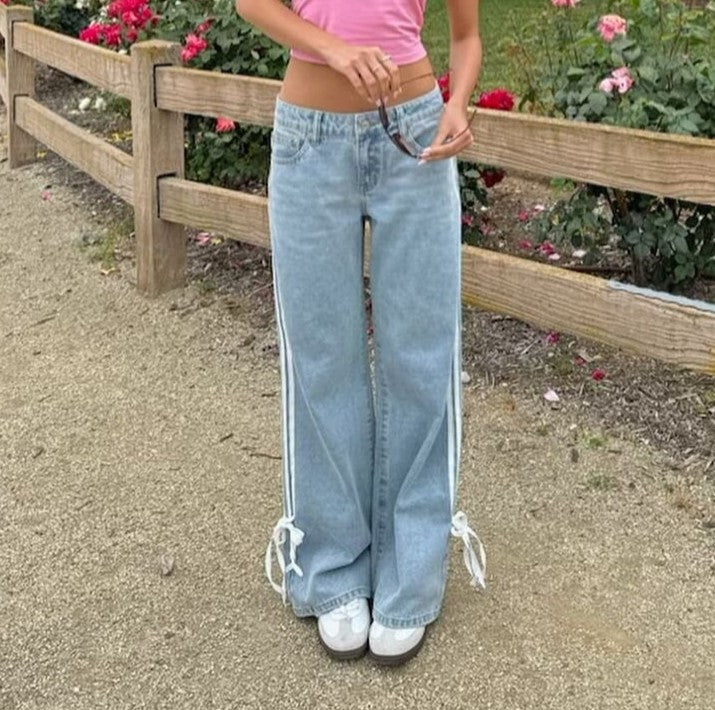 Side Stripe Low Rise Wide Leg Jeans - Blue - 2