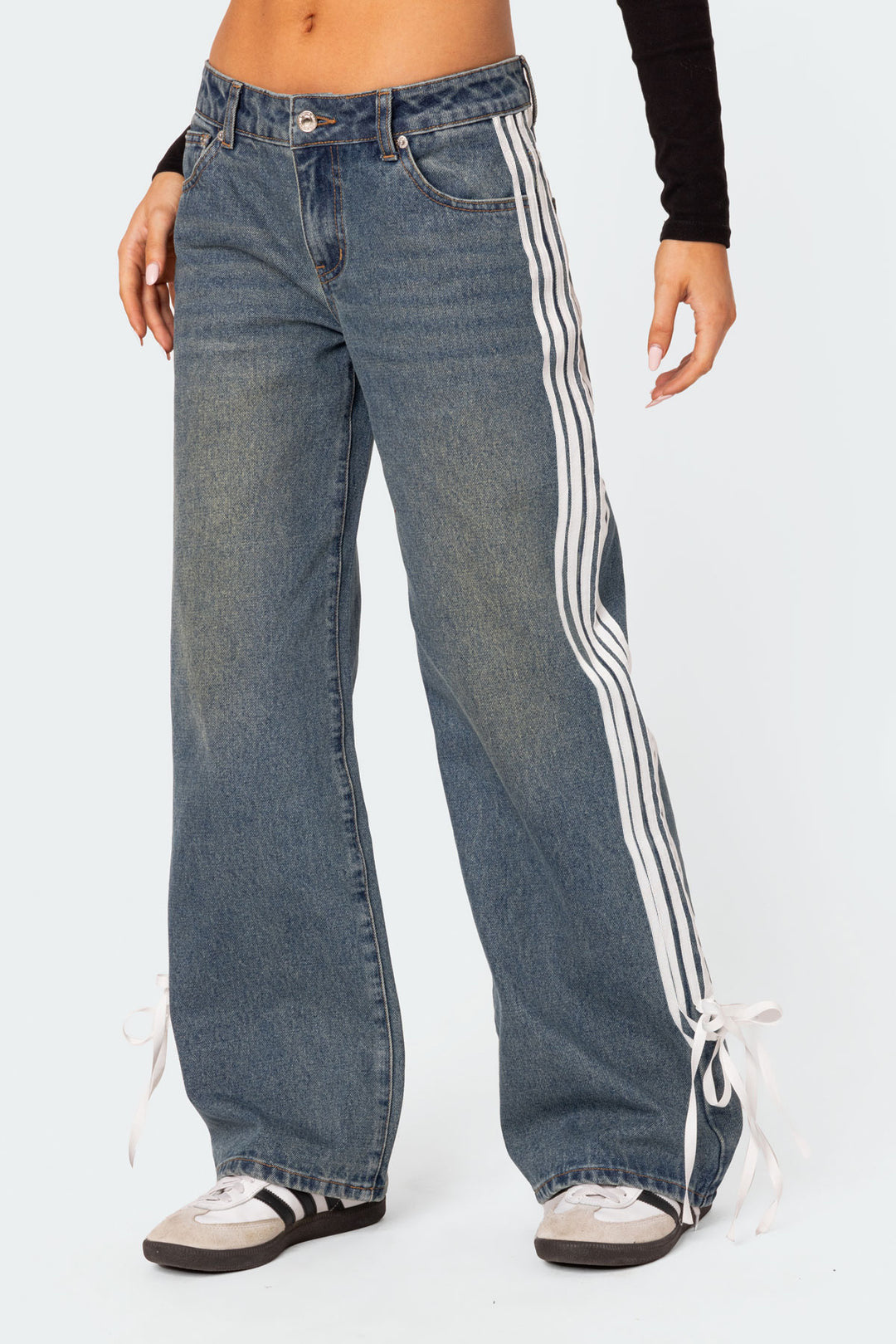 Side Stripe Low Rise Wide Leg Jeans - Drakblue