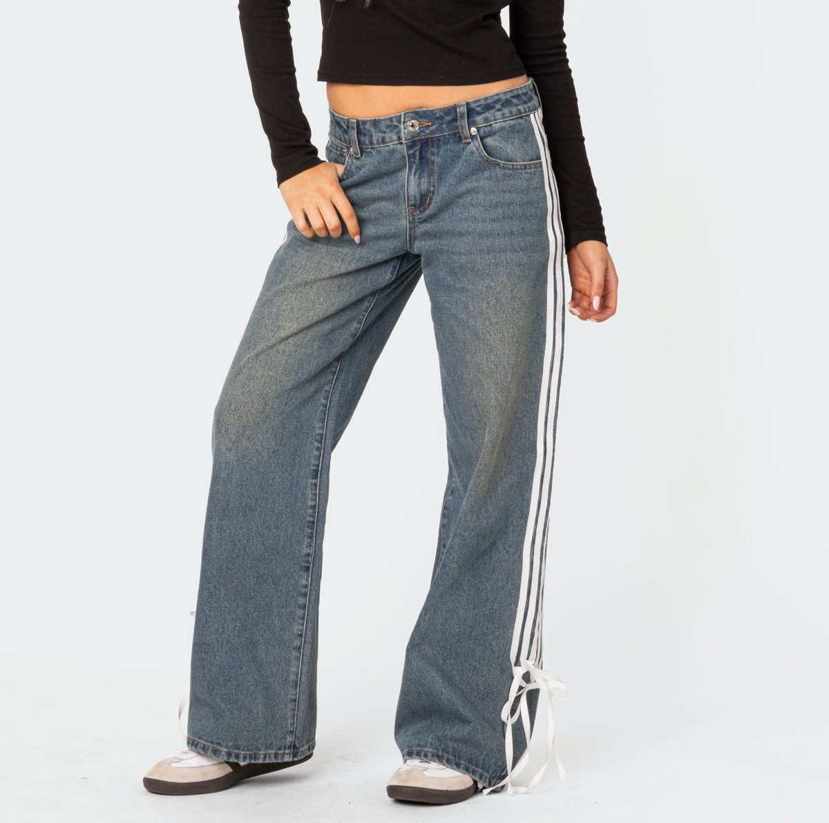 Side Stripe Low Rise Wide Leg Jeans