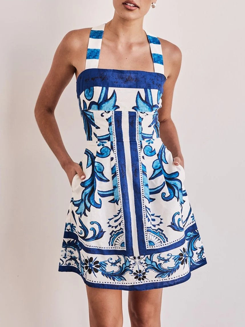 Placement Print Cross Back Mini Dress - Blue