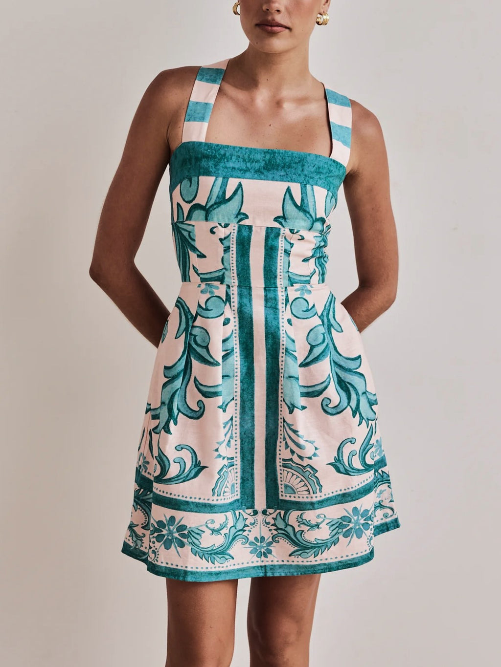 Placement Print Cross Back Mini Dress - Green