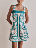 Placement Print Cross Back Mini Dress - Green