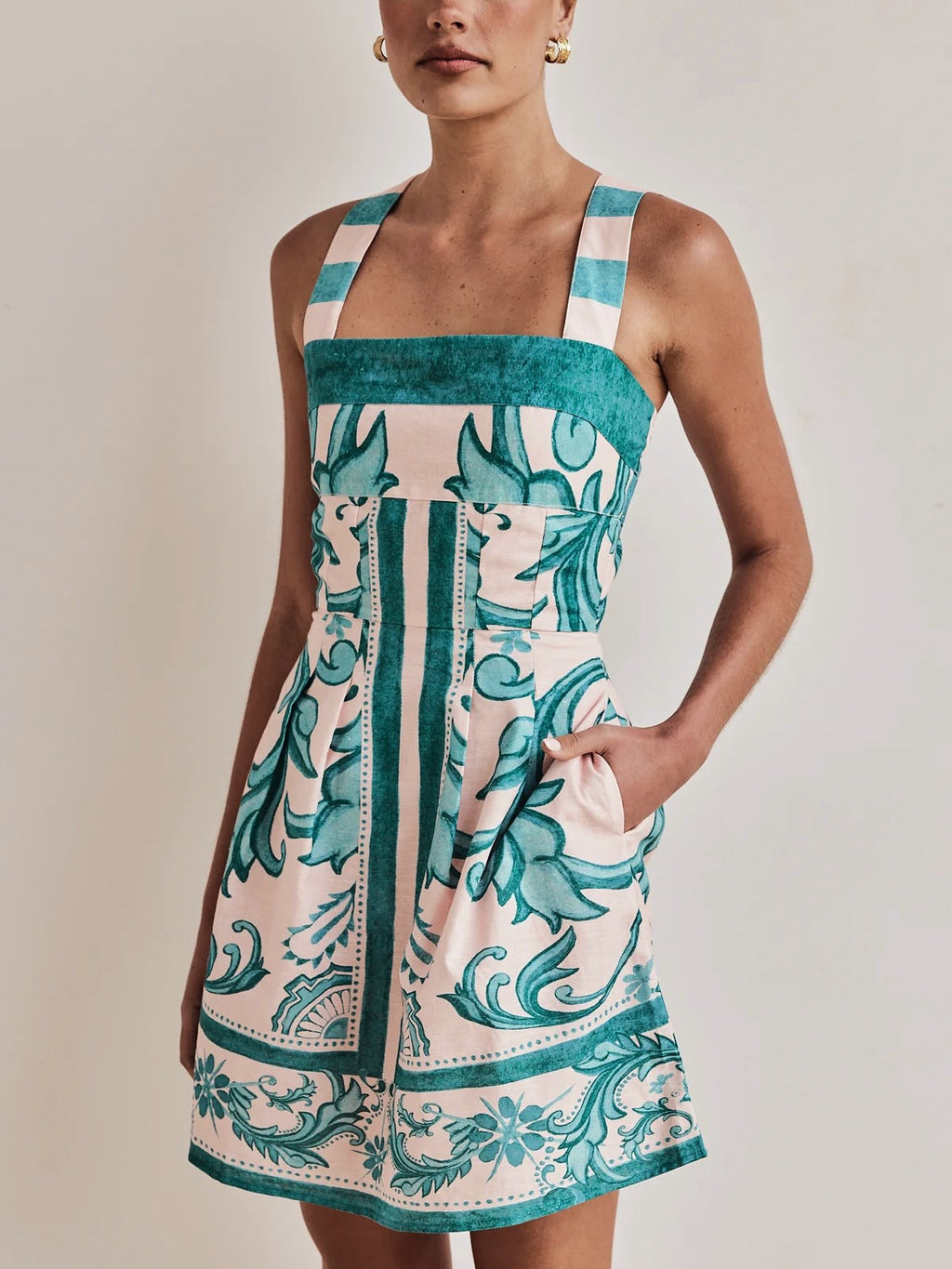Placement Print Cross Back Mini Dress - Green - 1