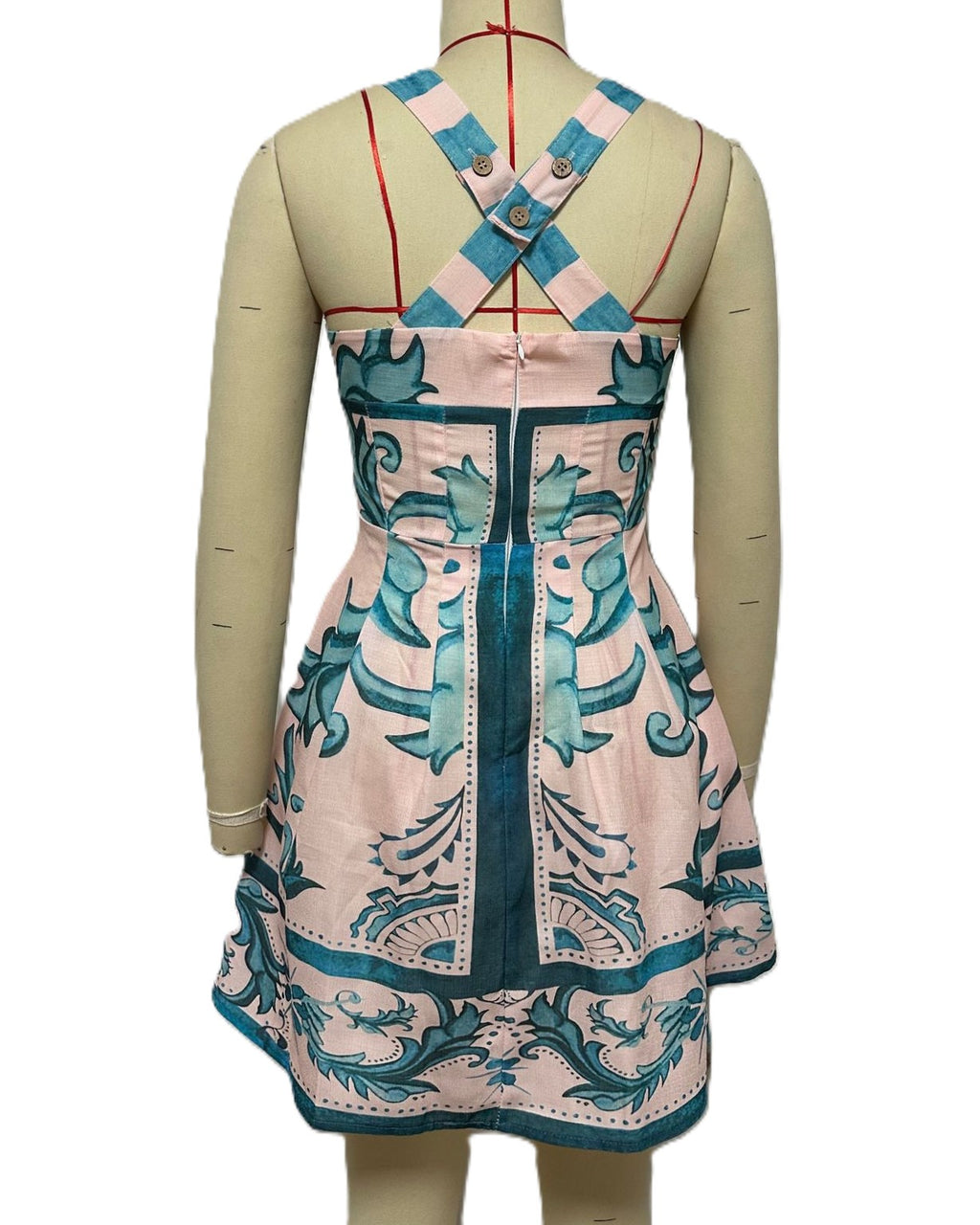 Placement Print Cross Back Mini Dress - Green - 3