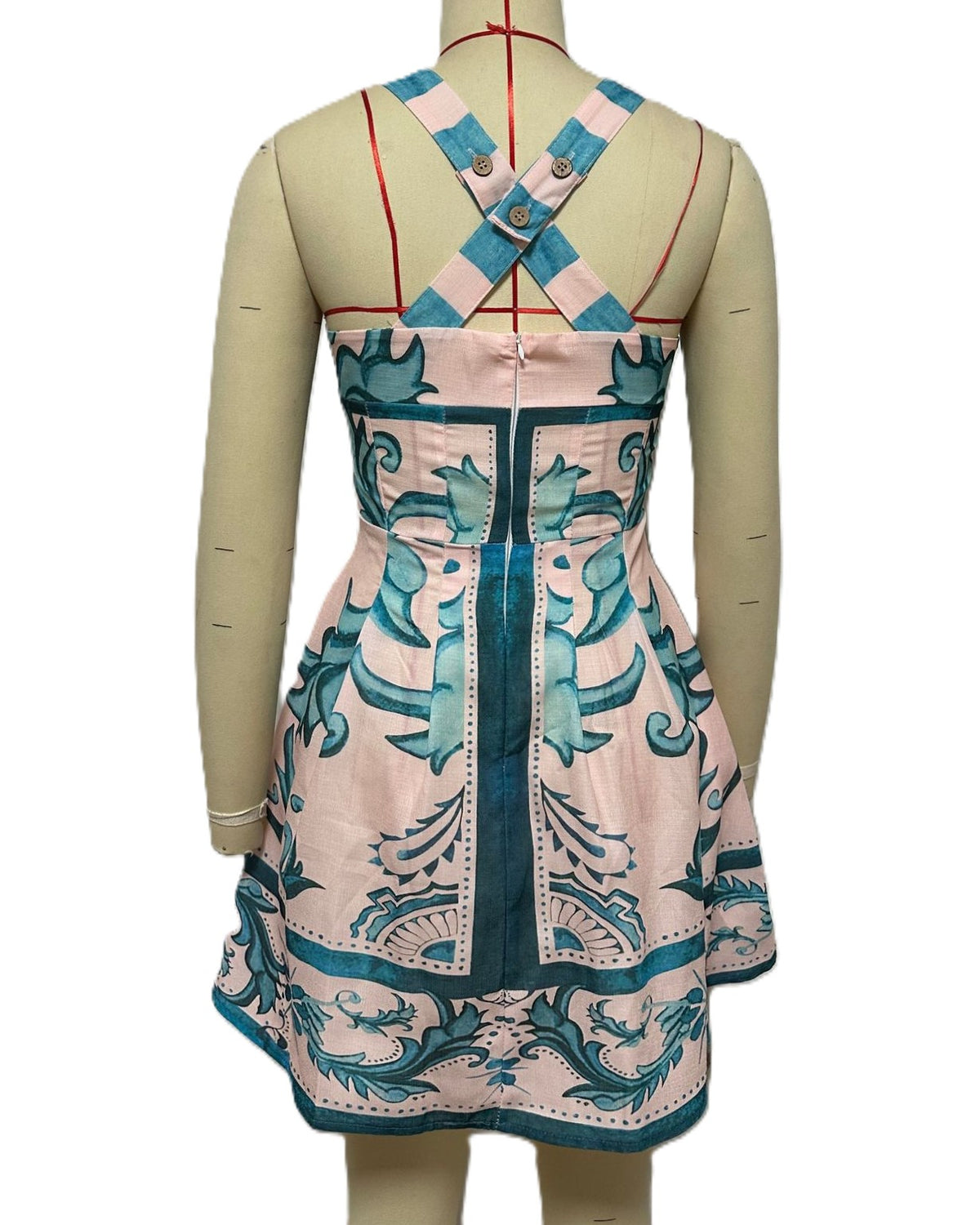 Placement Print Cross Back Mini Dress - Green - 3