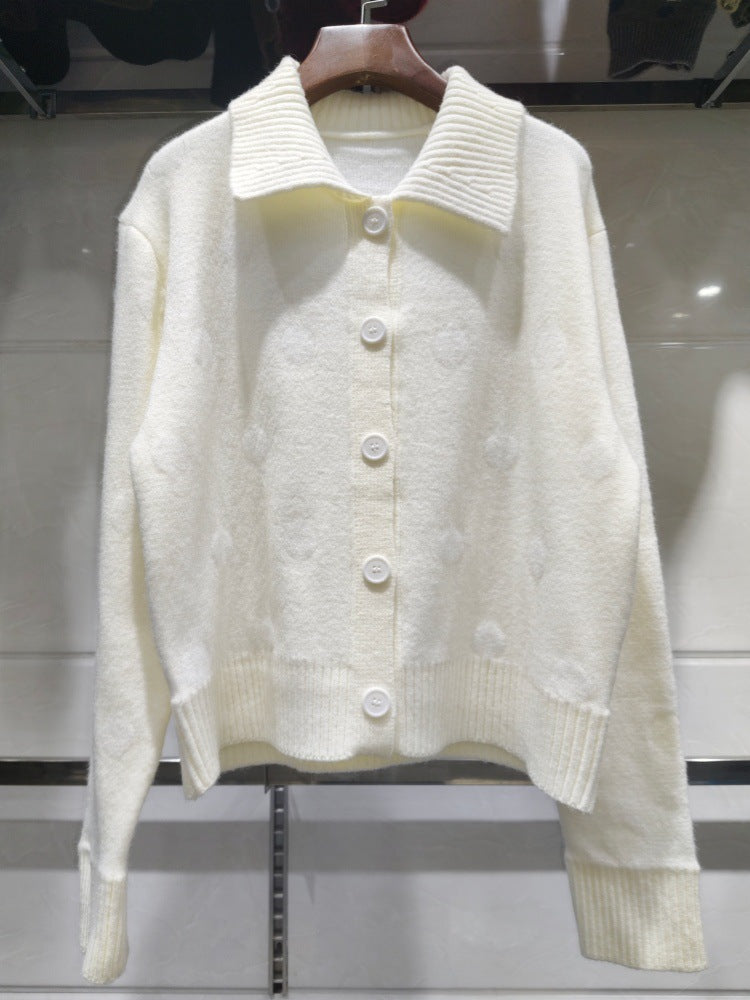 Collared Knit Cardigan With Raised Polka Dots - white