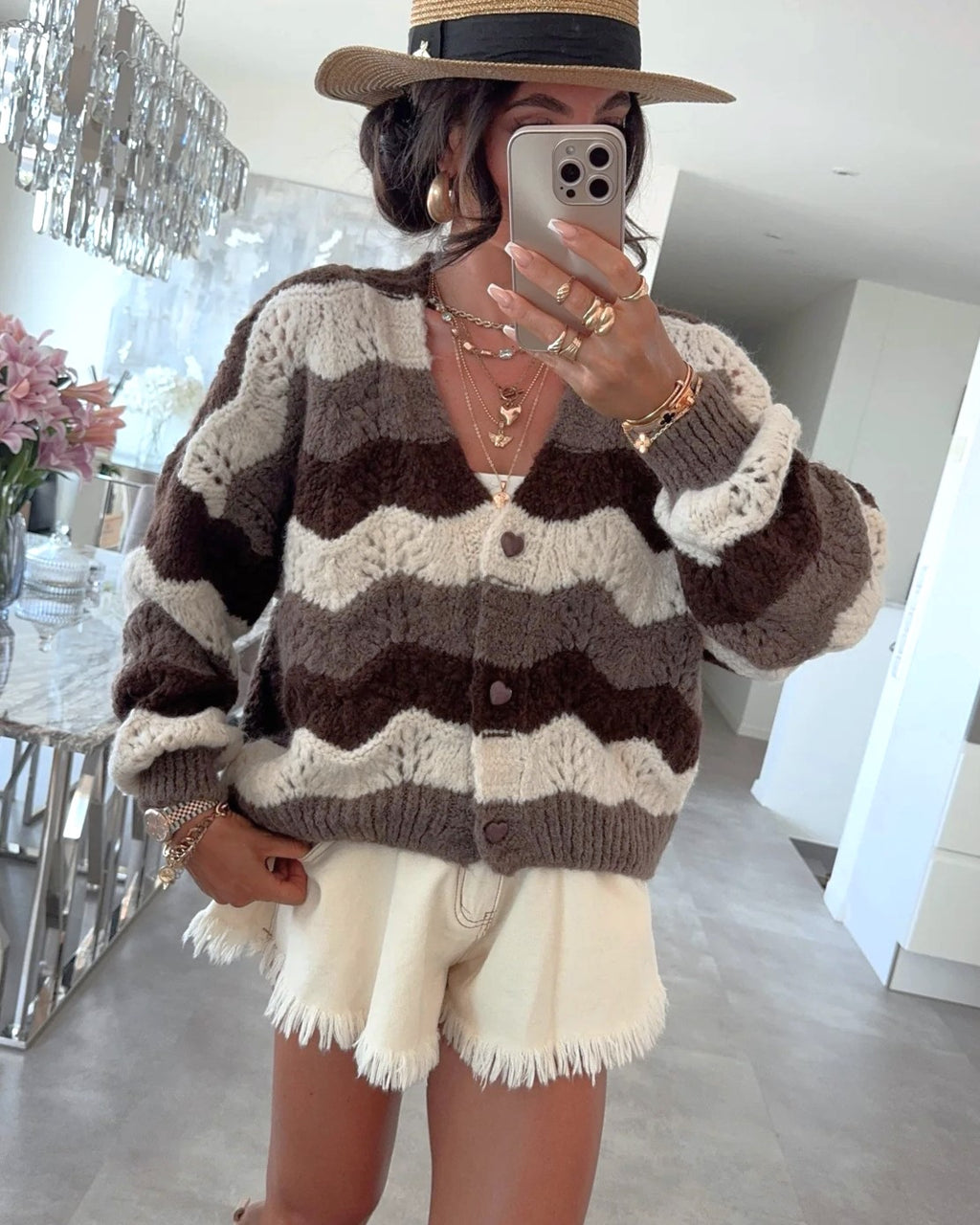 Wavy Stripe Pointelle Knit Button Cardigan - Brown