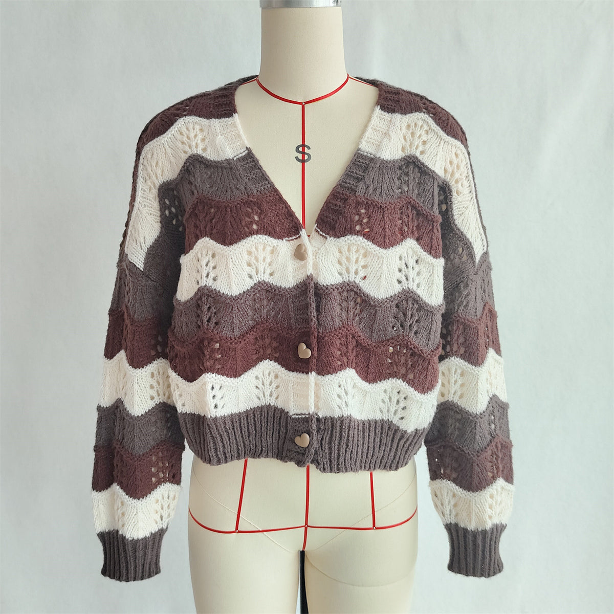Wavy Stripe Pointelle Knit Button Cardigan - Brown - 1