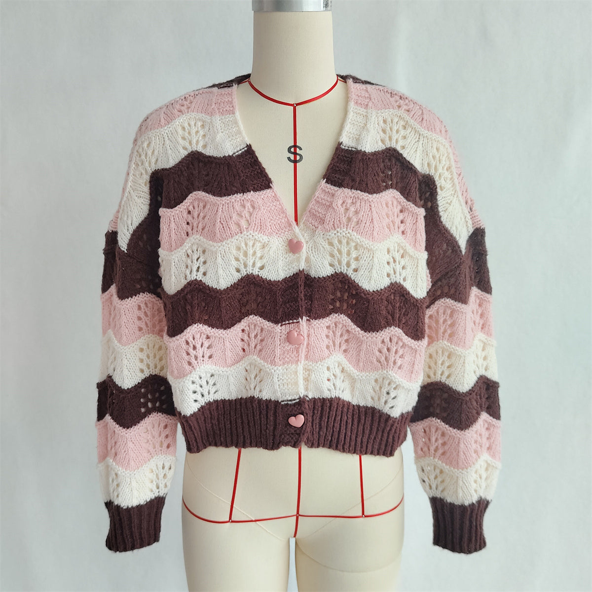 Wavy Stripe Pointelle Knit Button Cardigan - Pink