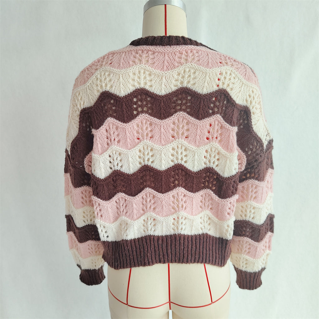 Wavy Stripe Pointelle Knit Button Cardigan - Pink - 1