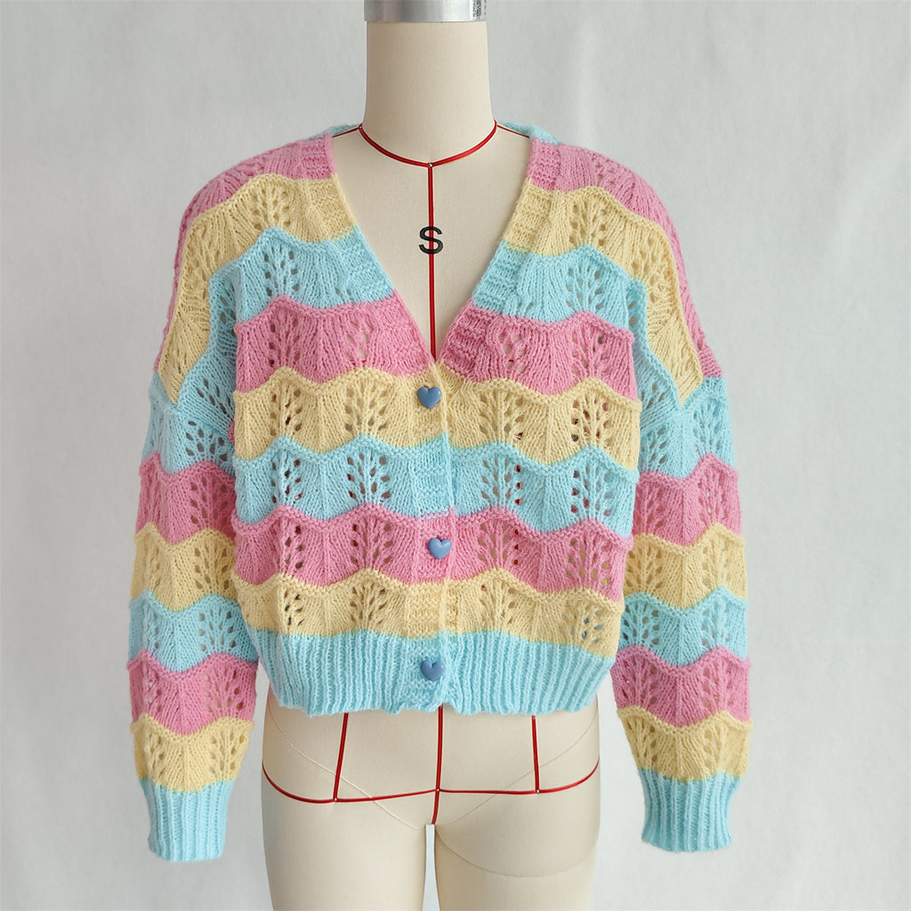 Wavy Stripe Pointelle Knit Button Cardigan - Yellow