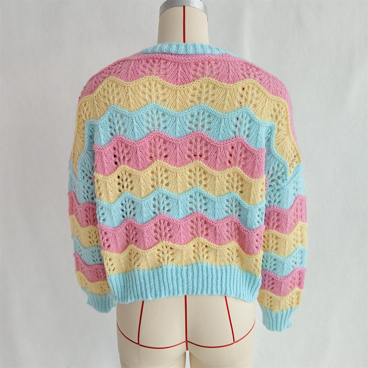Wavy Stripe Pointelle Knit Button Cardigan - Yellow - 1