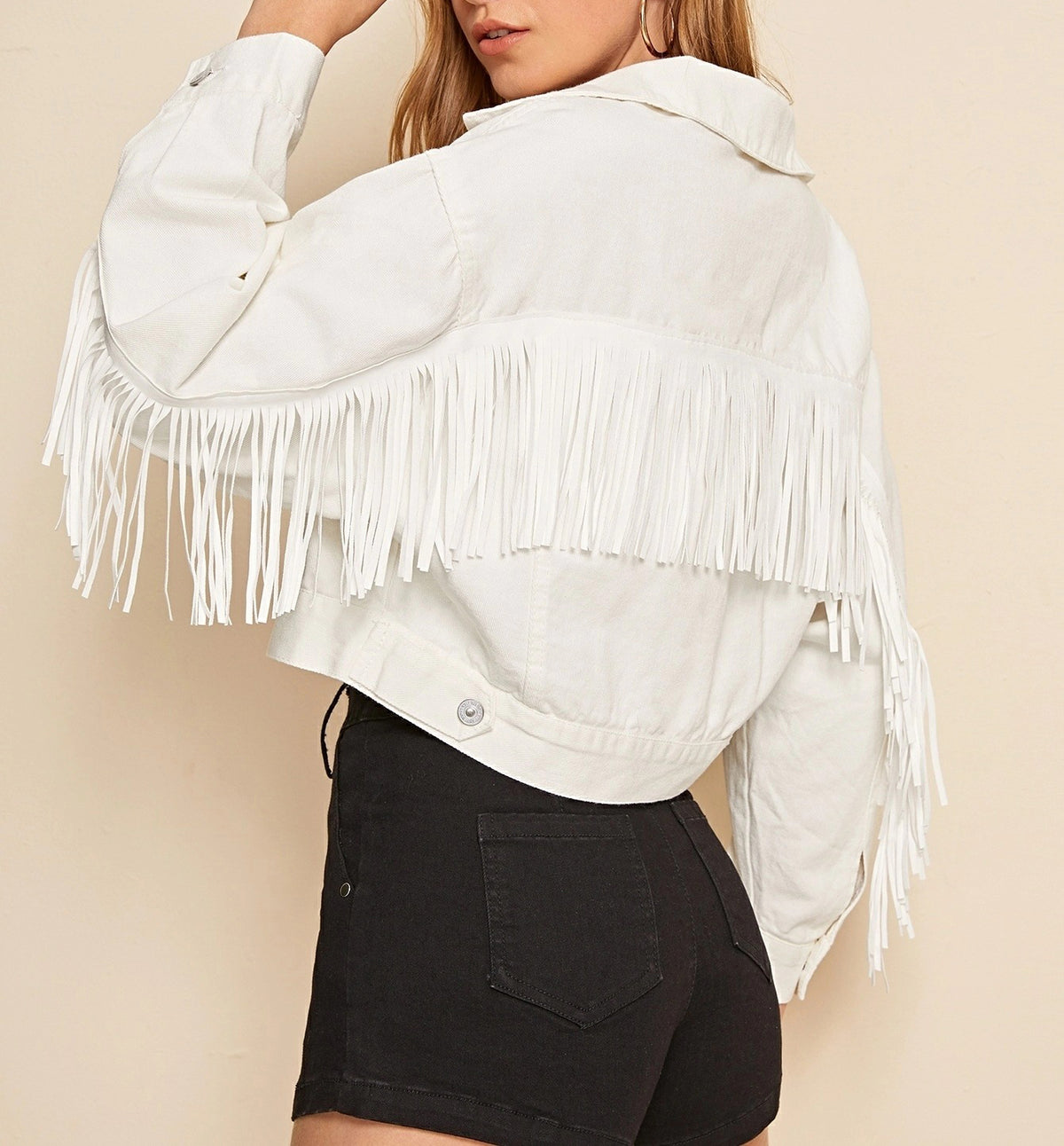 Fringe Trim Cropped Denim Jacket - view 1