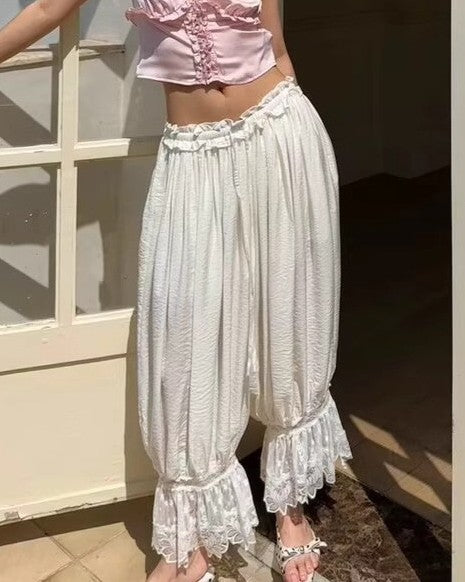 Lace Trim Bloomer Pants With Ruffle Waist - White