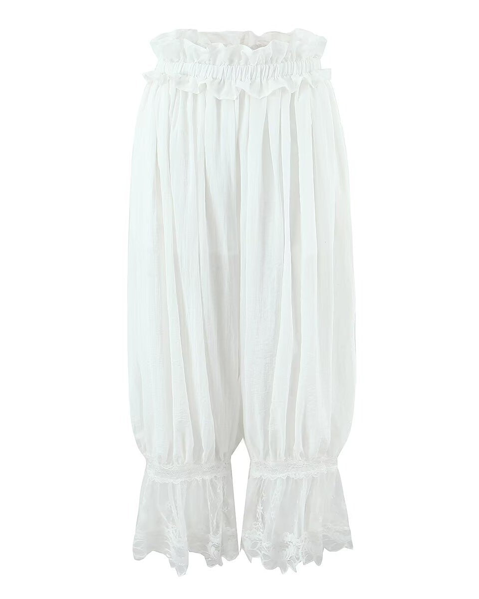 Lace Trim Bloomer Pants With Ruffle Waist - White - 1