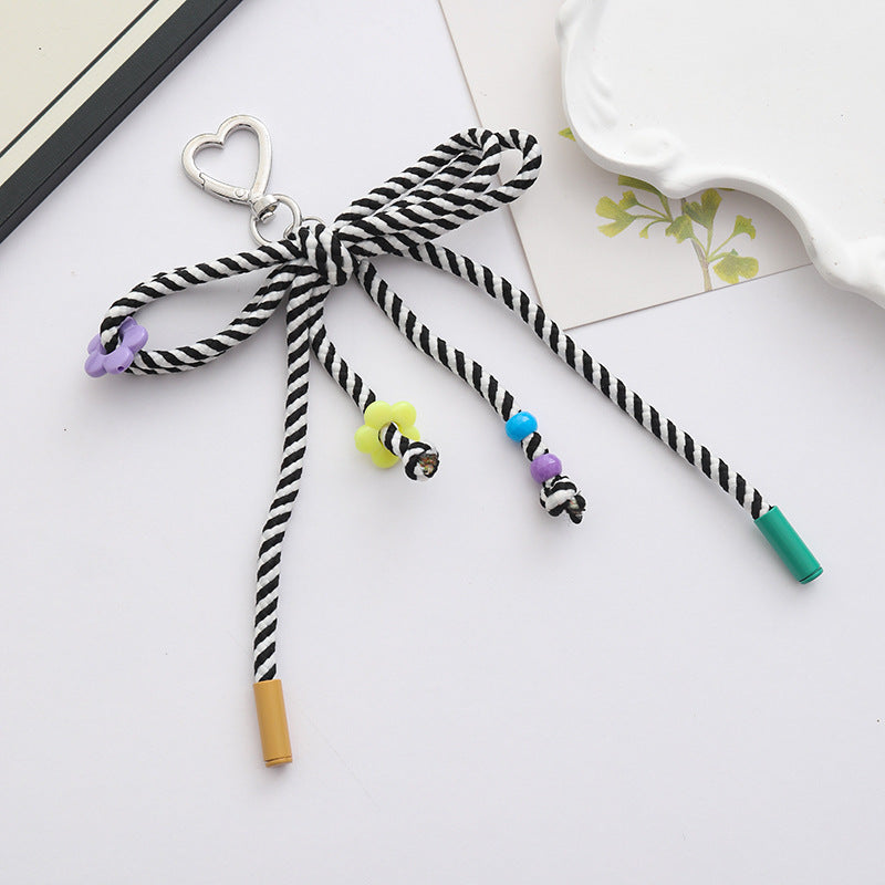 Woven Rope Bow Keychain With Bead Charms - Black