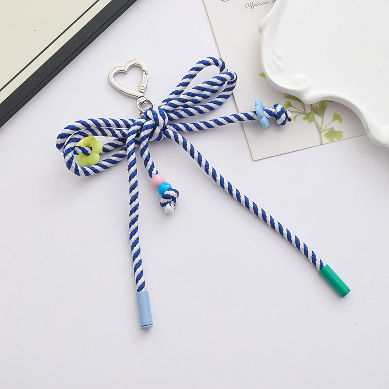 Woven Rope Bow Keychain With Bead Charms - Blue