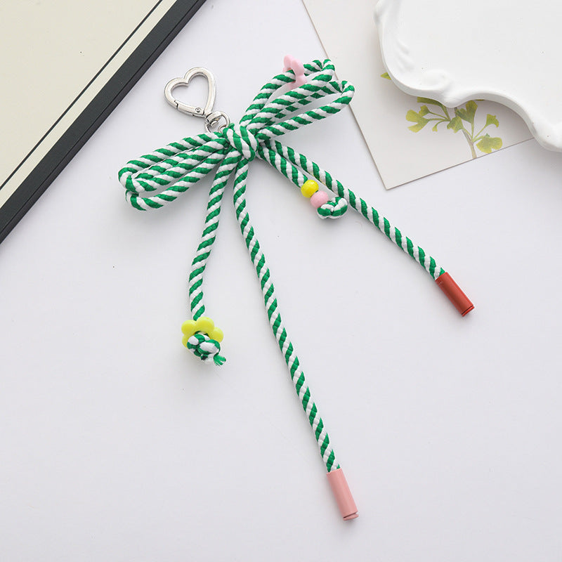 Woven Rope Bow Keychain With Bead Charms - Green