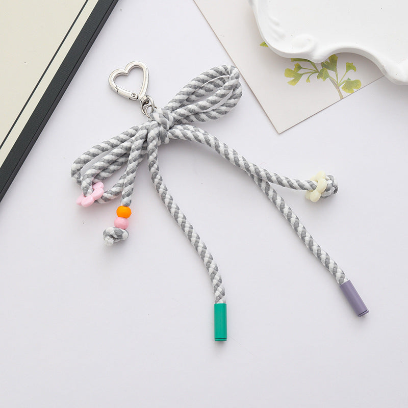 Woven Rope Bow Keychain With Bead Charms - Grey