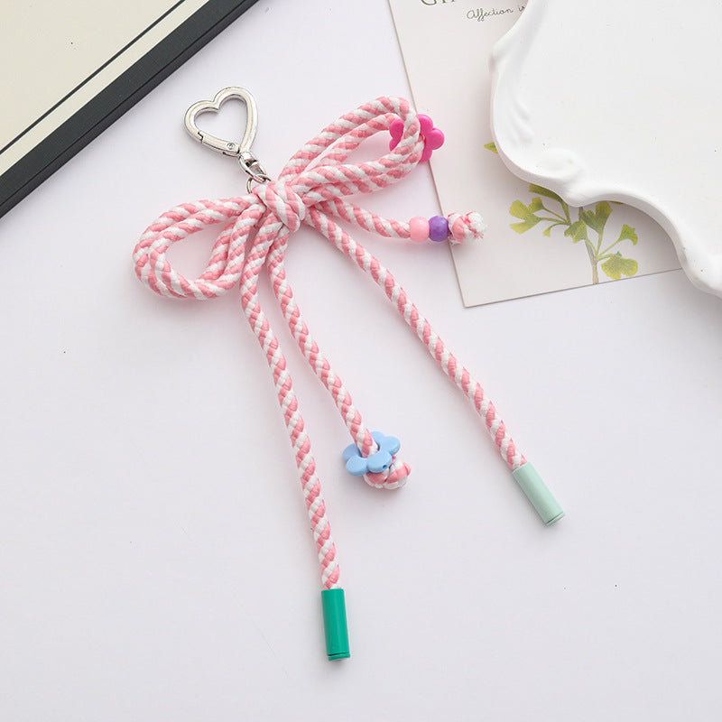 Woven Rope Bow Keychain With Bead Charms - Pink