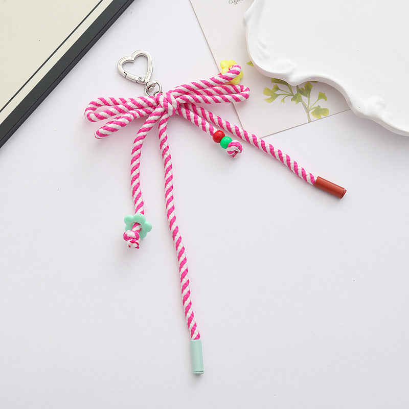 Woven Rope Bow Keychain With Bead Charms - Purple