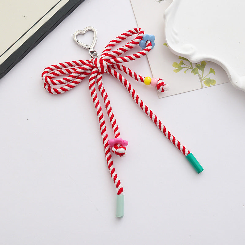 Woven Rope Bow Keychain With Bead Charms - Red