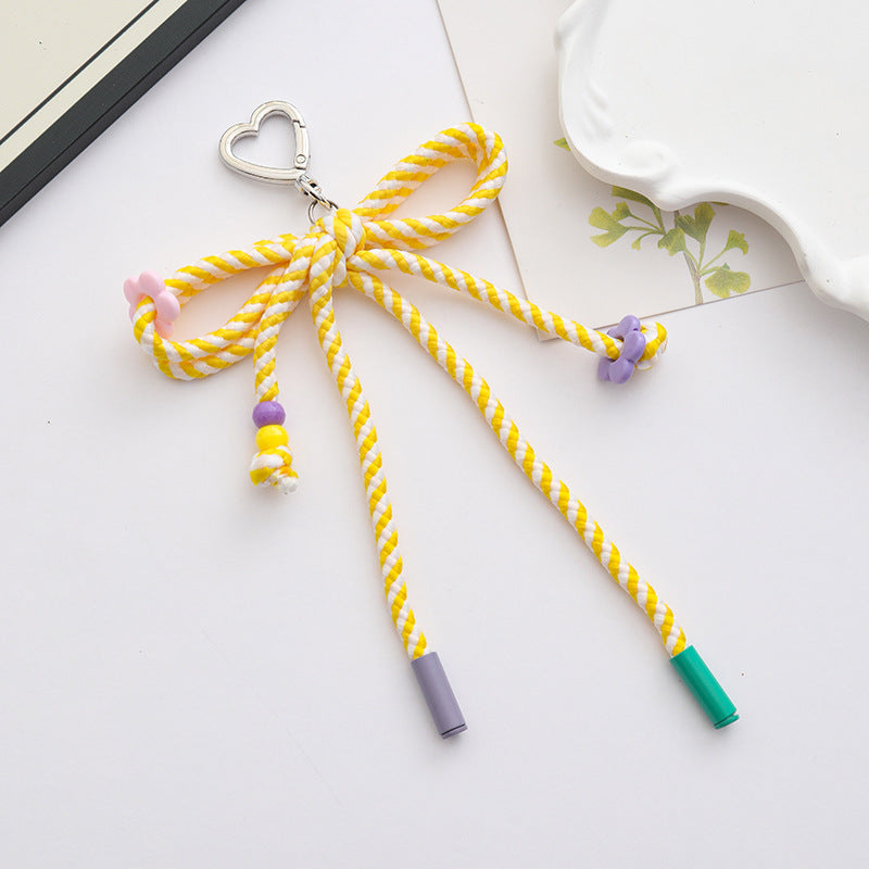 Woven Rope Bow Keychain With Bead Charms - Yellow