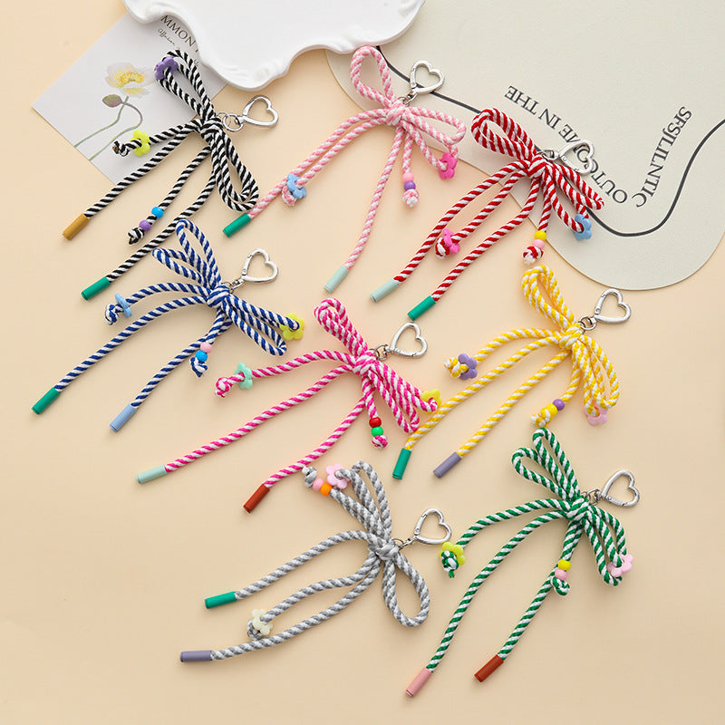 Woven Rope Bow Keychain With Bead Charms