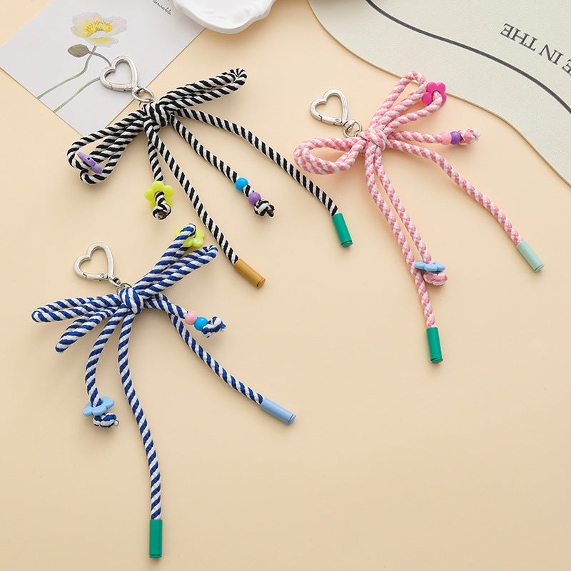 Woven Rope Bow Keychain With Bead Charms - view 1