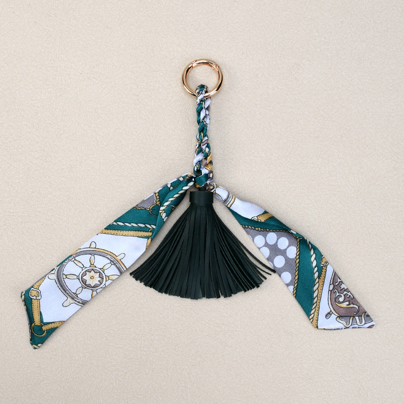 Twilly Scarf Tassel Keychain For Handbags - DkGreen