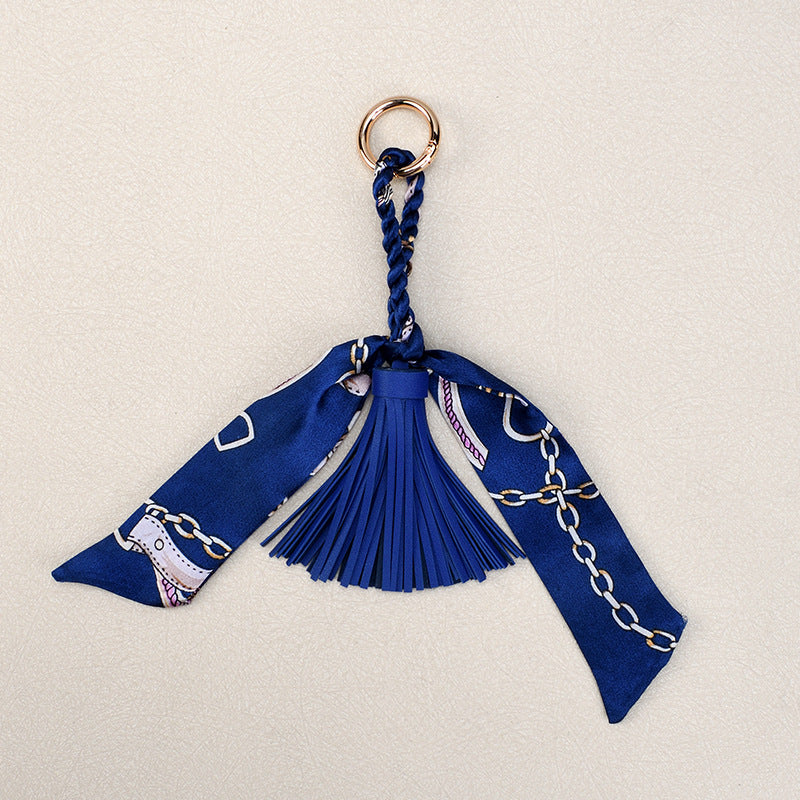 Twilly Scarf Tassel Keychain For Handbags - Navy