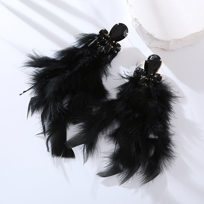 Rhinestone Feather Statement Drop Earrings - Black