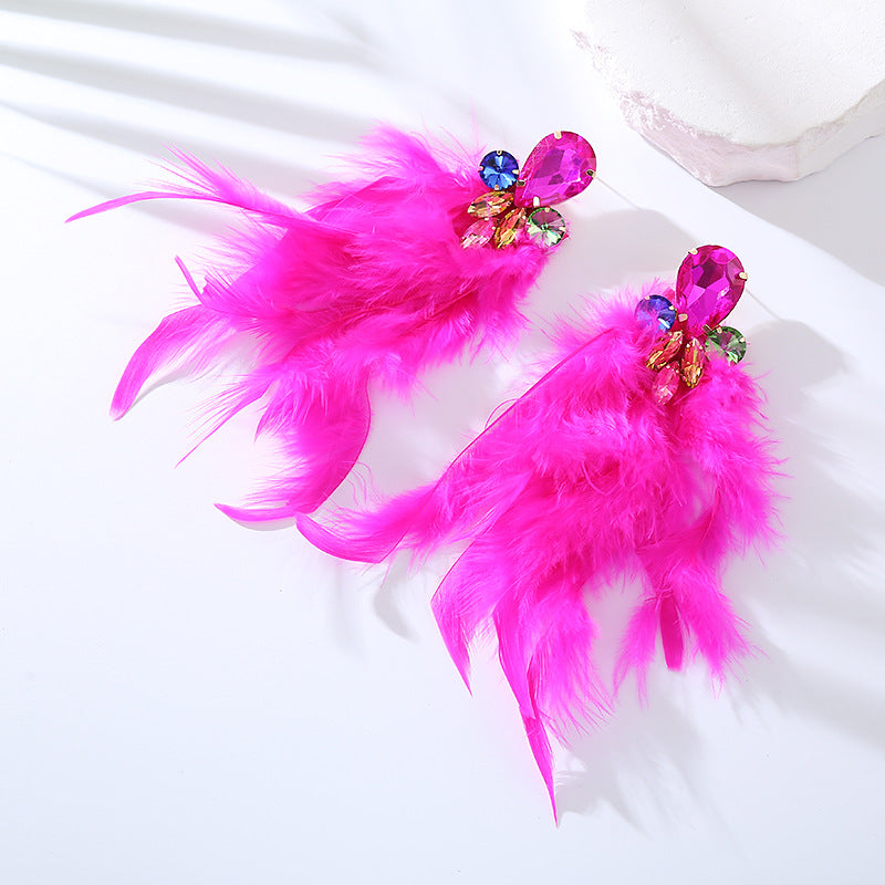 Rhinestone Feather Statement Drop Earrings - Colorful_Rose